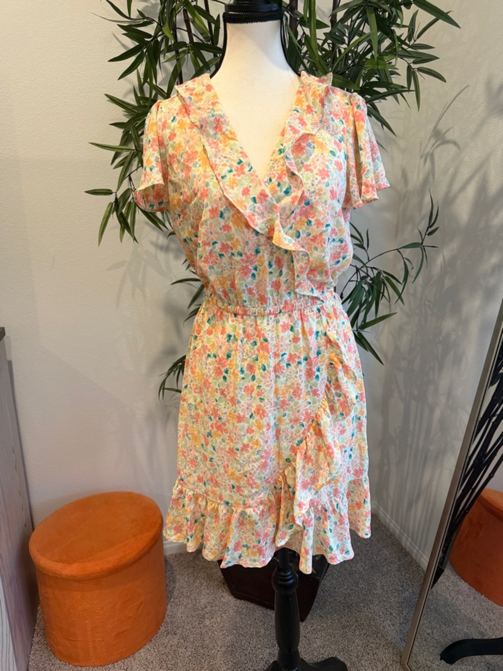 LC Lauren Conrad Peach Multi Floral Ruffle Wrap Dress